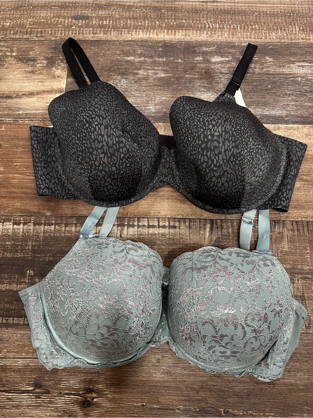 Cacique Black Patterned and Sage Lace Bras